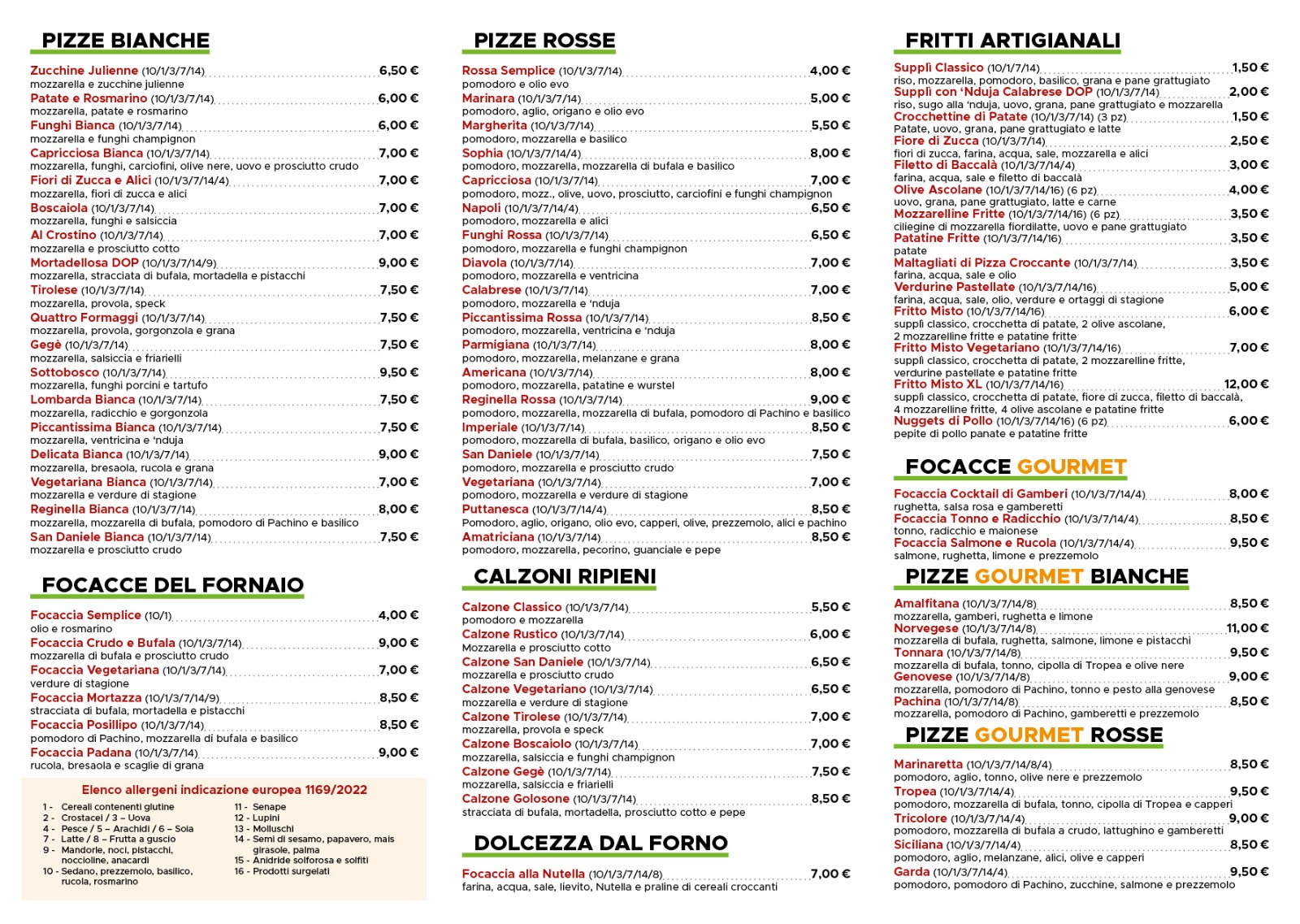 Volantino Pizzeria Calda e Croccante con pizze, fritti, focacce e allergeni